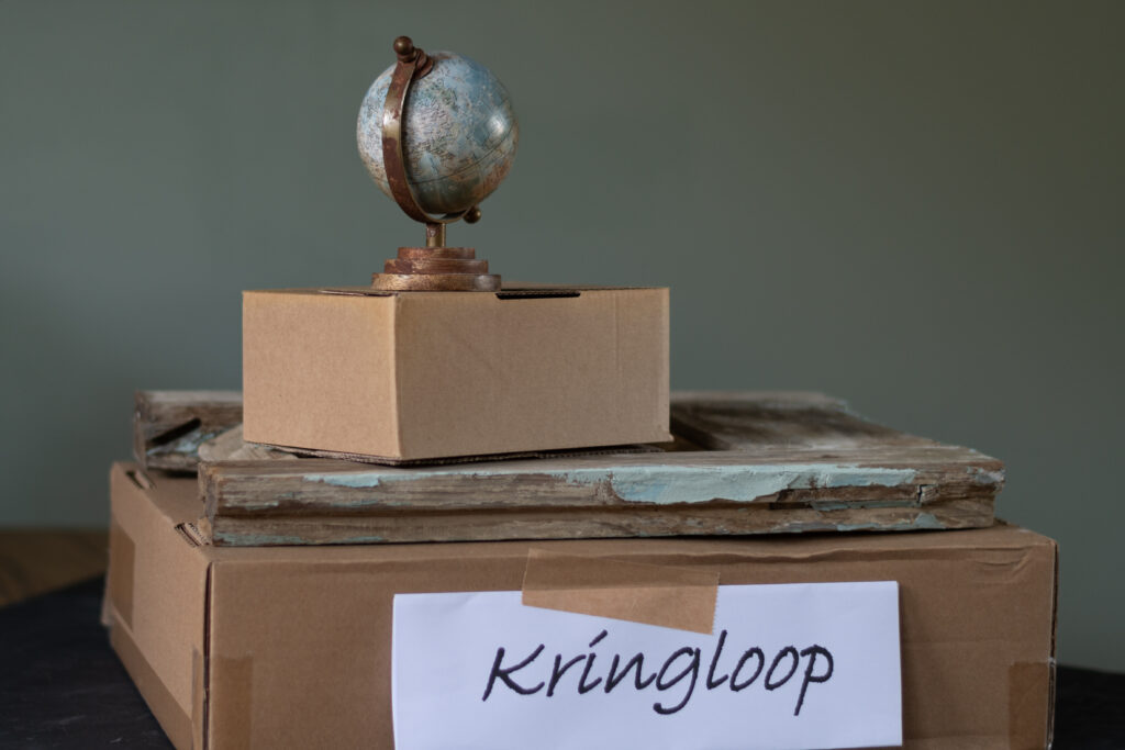 Kartonnen verpakkingen met globe en etiket met kringloop